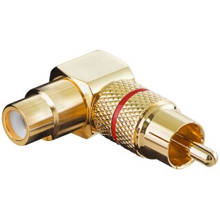 Cinch Adapter 90°, Goldausführung, Rot<br>Cinch-Buchse > Cinch-Stecker