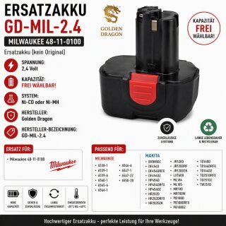 Ersatzakku - GD-MIL-2.4 - Milwaukee 48-11-0100 - 2,4 Volt Werkzeugakku