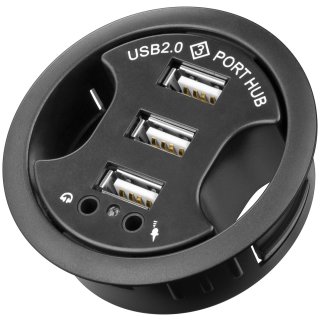 3-fach USB 2.0 Hi-Speed Einbau-HUB/Verteiler + Audio<br>zum Einbau in 60 mm Tischdurchführungen mit Audio-Anschluss