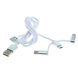 USB-Ladekabel USB-Datenkabel OTB 3in1 - iPhone / Micro-USB / USB-C - Nylonmantel - 1m - silber