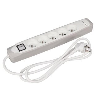 PEREL - EB5CGUSB - 5-Fach-Steckdosenleiste mit Schalter - 2 USB-Ports - grau / weiß - Typ E