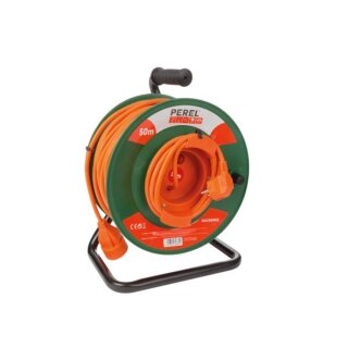 Perel - EGCR50N2 - Kabeltrommel, Innenbereich, Typ-E-Stecker/-Kupplung, Überhitzungsschutz, Kabellänge 50 m, 3G1.5, Orange / Grün