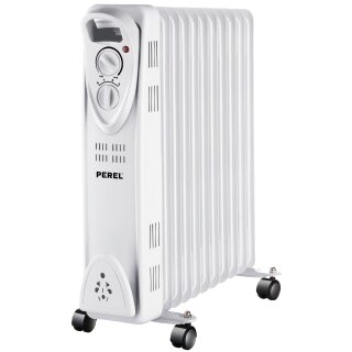 Perel - TC78011N - 2500W Ölradiator mit 11 Rippen, 3 Heizstufen, einstellbarem Thermostat, Griff, Rädern, Überhitzungs- und Kippschutz