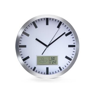 ALUMINIUM-WANDUHR MIT LCD, THERMOMETER, HYGROMETER & WETTERVORHERSAGE - Ø 25 cm