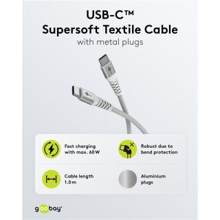 USB-C™ Supersoftes Textilkabel mit Metallsteckern, 1 m, weiß
