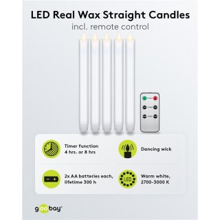 5er-Set weiße LED-Echtwachs-Stabkerzen, inkl. Fernbedienung