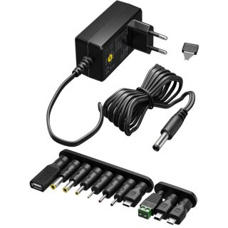 Universal-Netzteil (3 V - 12 V, max. 18 W / 1,5 A) inkl. 11 Adapter: 7 DC-Adapter plus USB-C™, USB-A, USB Mini-B, Micro-USB und Schraubklemmenanschluss