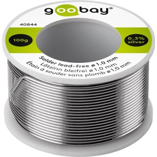 Lötzinn bleifrei, ø 1,0 mm, 100 g - Zusammensetzung: 0,3 % Silber, 0,7 % Kupfer, 99 % Zinn, Flussmittelanteil: 2,5 %, Schmelzpunkt 217° C