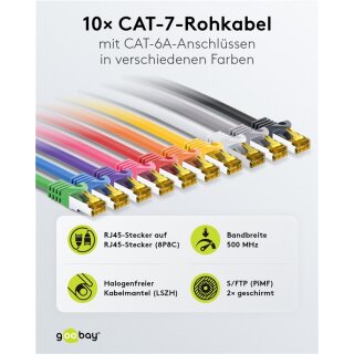 RJ45-Patchkabel CAT 6A S/FTP (PiMF), 500 MHz mit CAT 7 Rohkabel, 2 m, Set in 10 Farben