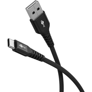 USB-C™ auf USB-A Textilkabel 3 m – supersoft, mit Metallsteckern – Schwarz