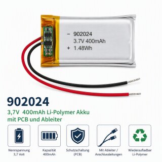 Einzelzelle - 902024 - 3,7 Volt 400mAh Li-Polymer Akku mit PCB und Ableiter